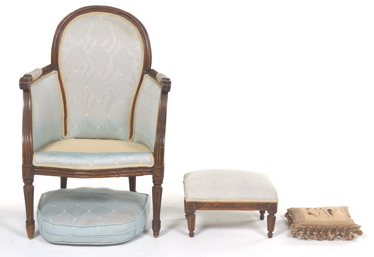 Child's Bergere Chair with Footstool and Embroidered Pillow, ca. Late 19th/Early 20th Century - Image 3 of 9