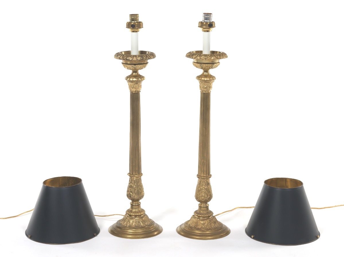 Pair of Tall Brass Lamps with Tole Shades - Image 2 of 7