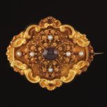 Ladies' High Victorian Gold, Garnet and Pearl Brooch