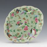 Chinese Export Celadon Porcelain and Enameled Oval Dish, ca. Daoguang Period, Distributed by James