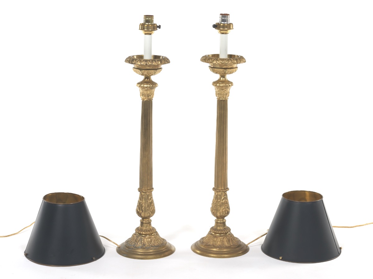 Pair of Tall Brass Lamps with Tole Shades - Image 3 of 7