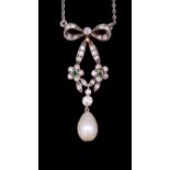 ANTIQUE NATURAL SALTWATER PEARL AND DIAMOND PENDANT NECKLACE