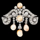 IMPORTANT ANTIQUE NATURAL SALTWATER PEARL AND DIAMOND DROP BROOCH