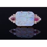 ART-DECO OPAL, DIAMOND AND RUBY BROOCH