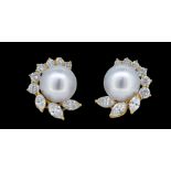 PAIR OF PEARL AND DIAMOND EARCLIPS