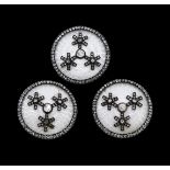 FABERGE, MICHAEL PERKHIN, 3 IMPORTANT DIAMOND AND ENAMEL 'SNOWFLAKE' BUTTONS