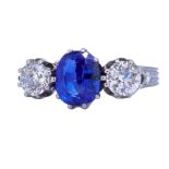 IMPORTANT SAPPHIRE AND DIAMOND 3-STONE RING