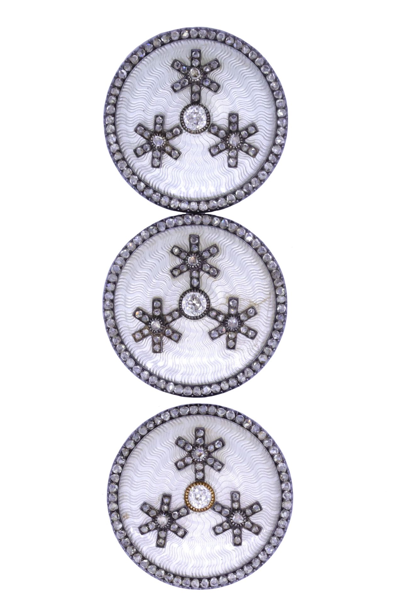 FABERGE, MICHAEL PERKHIN, 3 IMPORTANT DIAMOND AND ENAMEL 'SNOWFLAKE' BUTTONS - Image 2 of 2