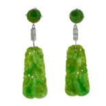 PAIR OF NATURAL JADE AND DIAMOND DROP EARINGS