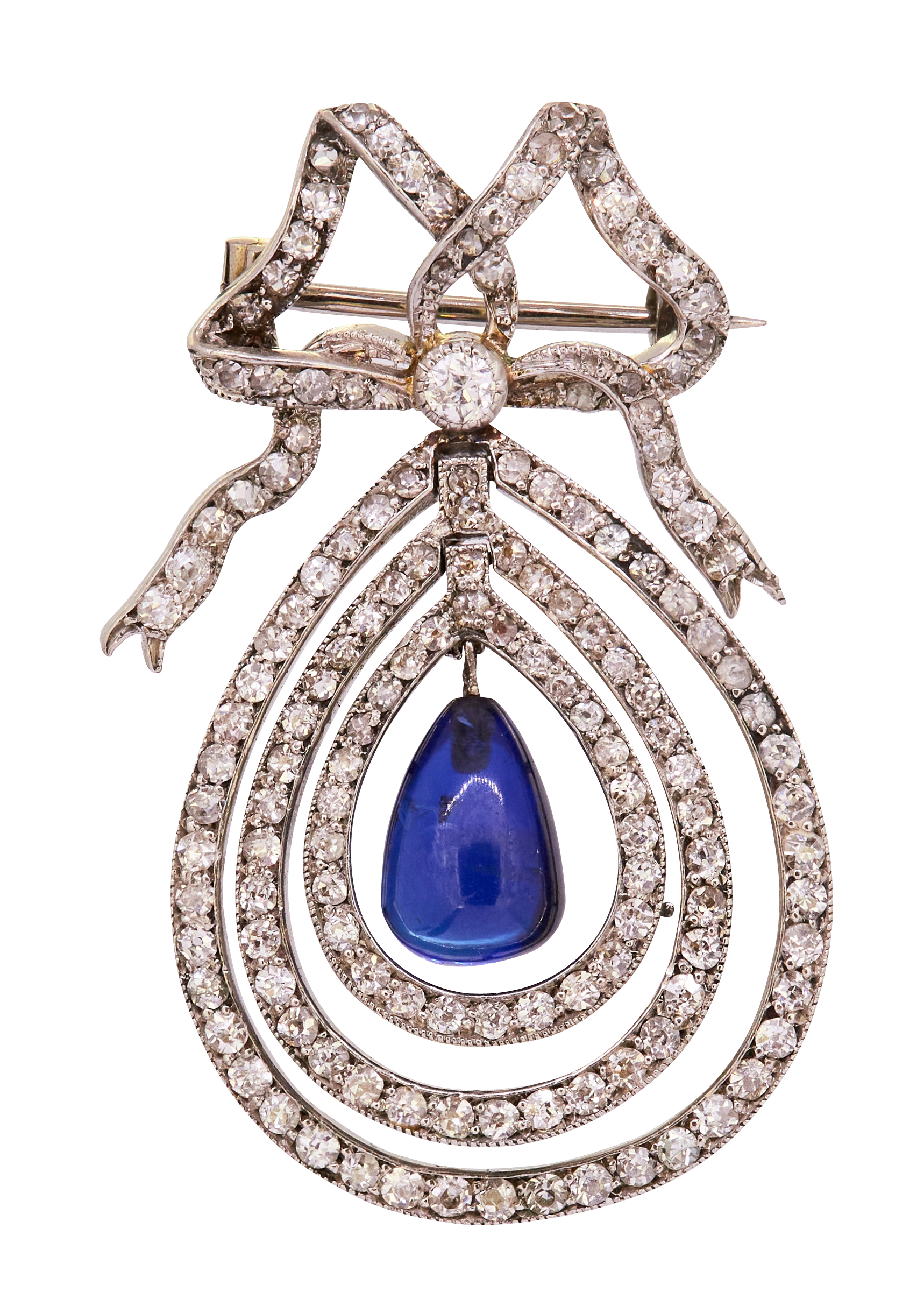 IMPORTANT BURMA NO HEAT BLUE SAPPHIRE AND DIAMOND BROOCH