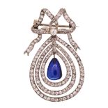 IMPORTANT BURMA NO HEAT BLUE SAPPHIRE AND DIAMOND BROOCH