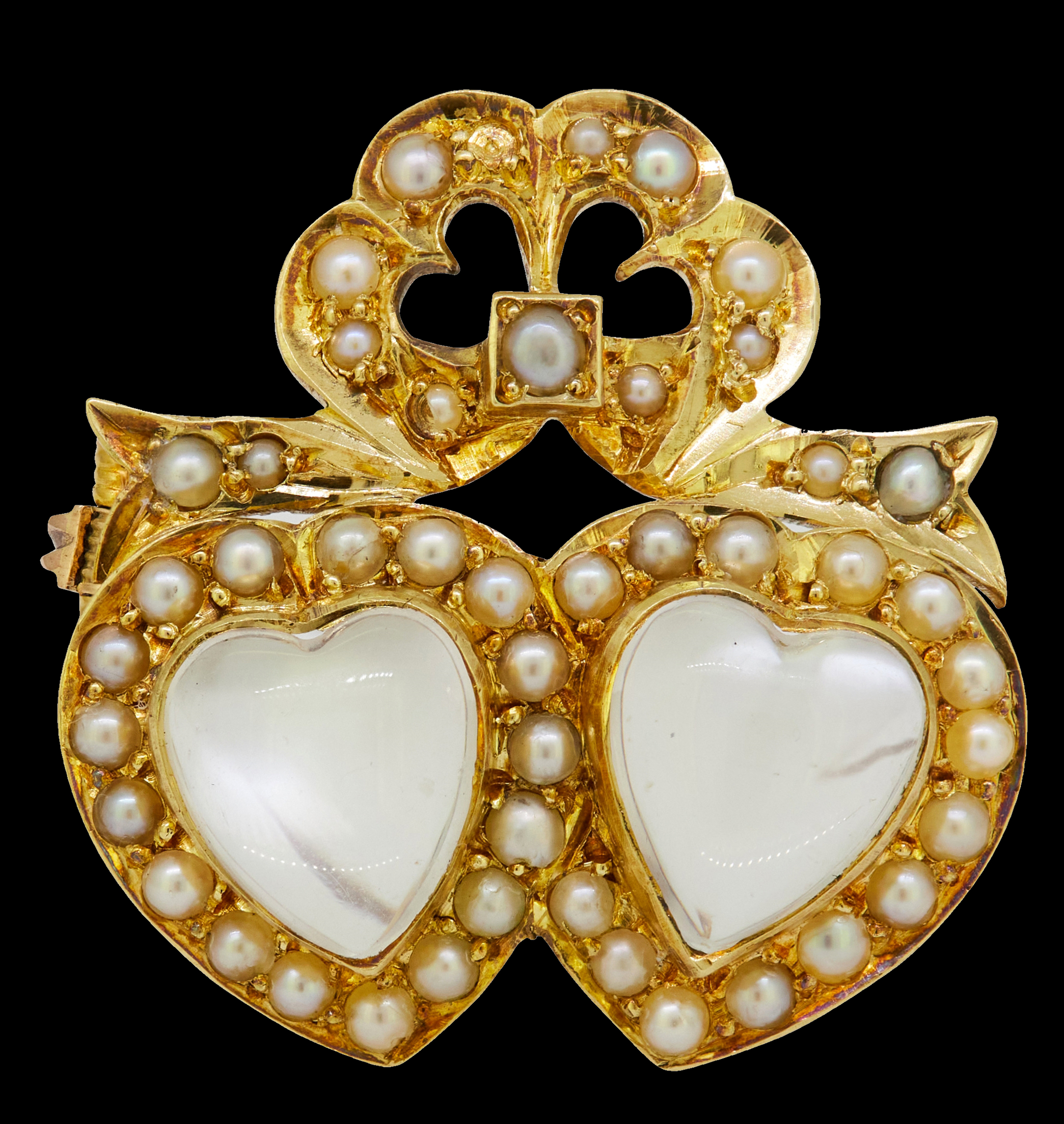 ANTIQUE VICTORIAN MOONSTONE AND PEARL DOUBLE HEART BROOCH