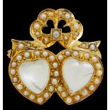 ANTIQUE VICTORIAN MOONSTONE AND PEARL DOUBLE HEART BROOCH