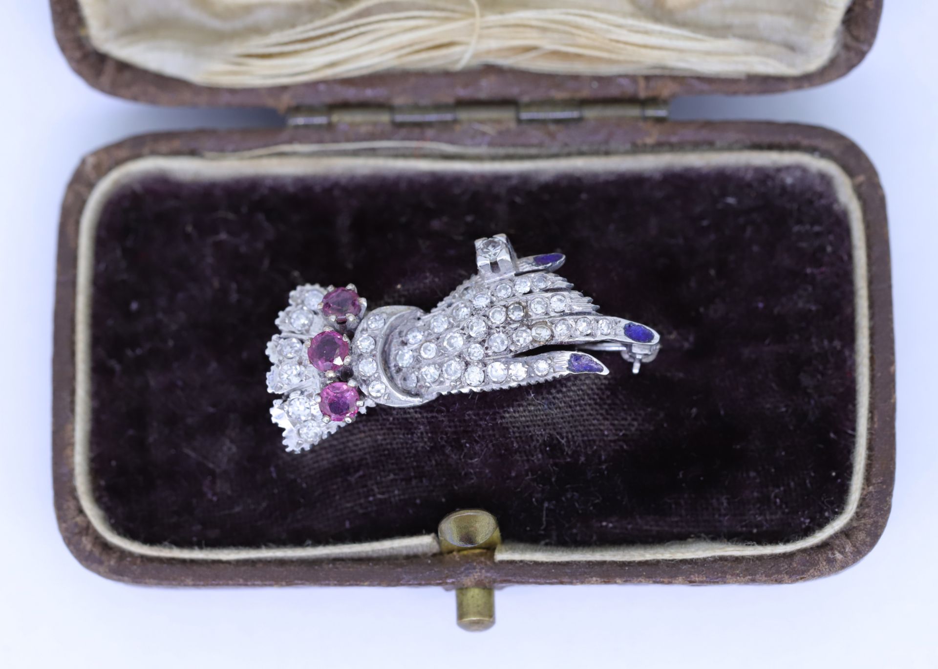 ANTIQUE DIAMOND SAPPHIRE AND RUBY HAND BROOCH - Image 2 of 2