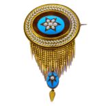 ANTIQUE VICTORIAN PEARL AND ENAMEL BROOCH WITH TASSEL DROP