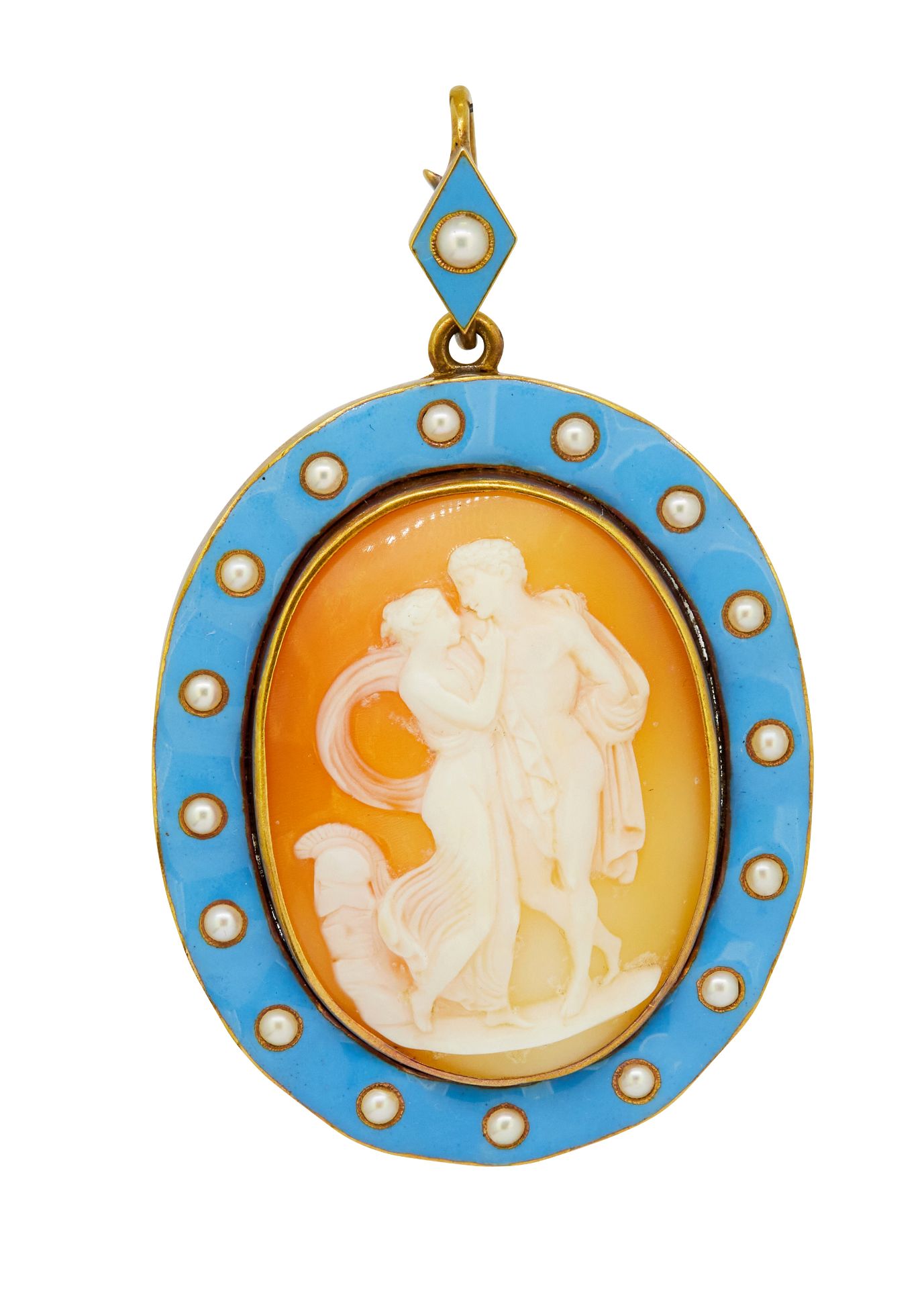 ANTIQUE VICTORIAN CAMEO PEARL AND ENAMEL PENDANT/BROOCH