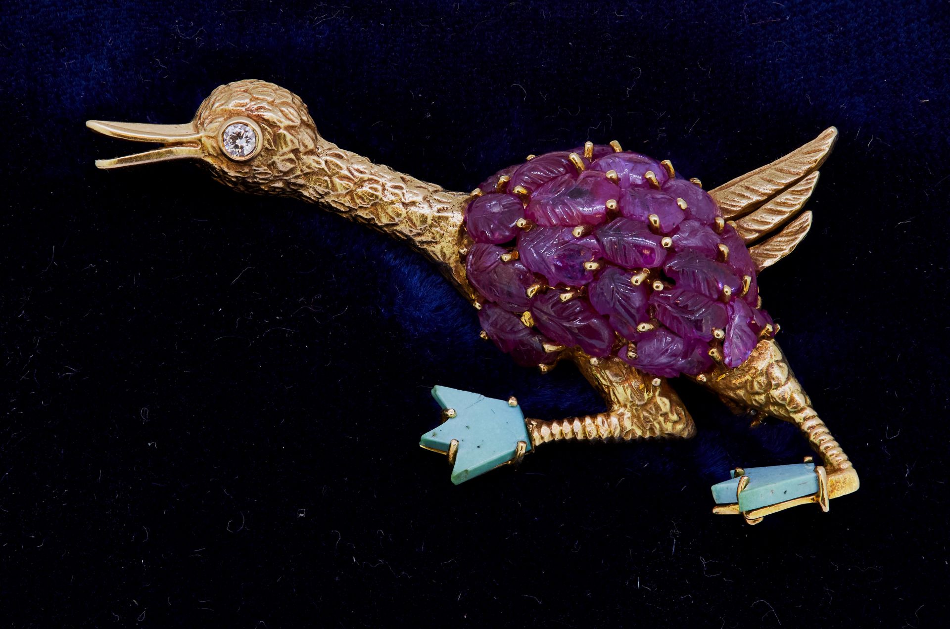 VACHERON & CONSTANTIN, RUBY AND TURQUOISE OSTRICH BROOCH