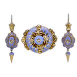 ANTIQUE VICTORIAN ENAMEL AND PEARL BROOCH AND PAIR OF EARRINGS