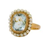 AQUAMARINE AND PEARL CLUSTER RING