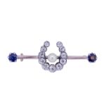 PEARL, SAPPHIRE AND DIAMOND HORSESHOE BROOCH