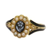 ANTIQUE CAMEO PEARL AND ENAMEL MEMORI RING