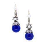 ANTIQUE PAIR OF LAPIS LAZULI, PEARL AND DIAMOND DROP EARRINGS