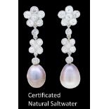 IMPORTANT PAIR OF NATURAL SATWATER PEARL AND DIAMOND DROP EARRINGS