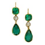 PAIR OF ANTIQUE GREEN STONE AND DIAMOND DROP EARRINGS