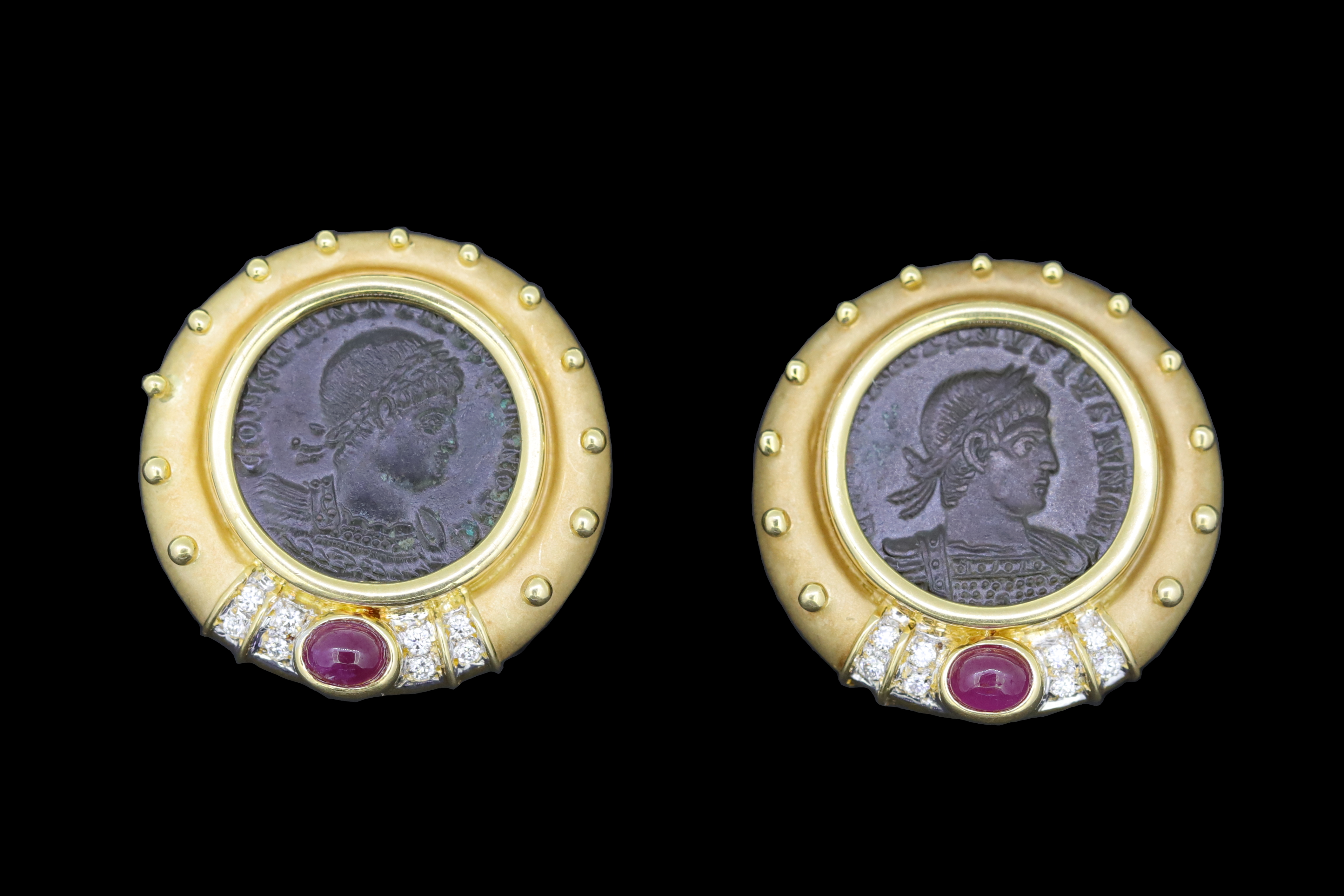 PAIR OF COIN, RUBY AND DIAMOND EARRINGS