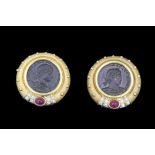 PAIR OF COIN, RUBY AND DIAMOND EARRINGS