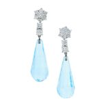 PAIR OF DIAMOND AND AQUAMARINE DROP EARRINGS