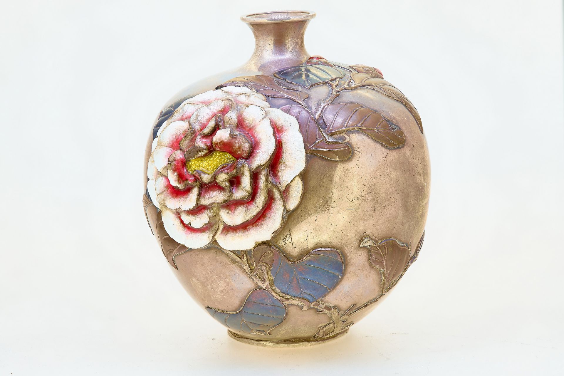 JAPANESE SILVER VASE WITH ENAMEL AND RELIEF FLORAL DECORATION