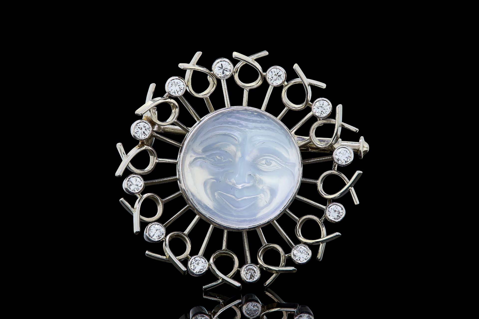 MOONSTONE AND DIAMOND MAN IN THE MOON BROOCH