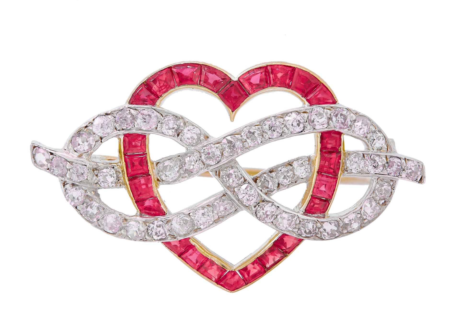 RUBY AND DIAMOND HEART RIBBON BROOCH