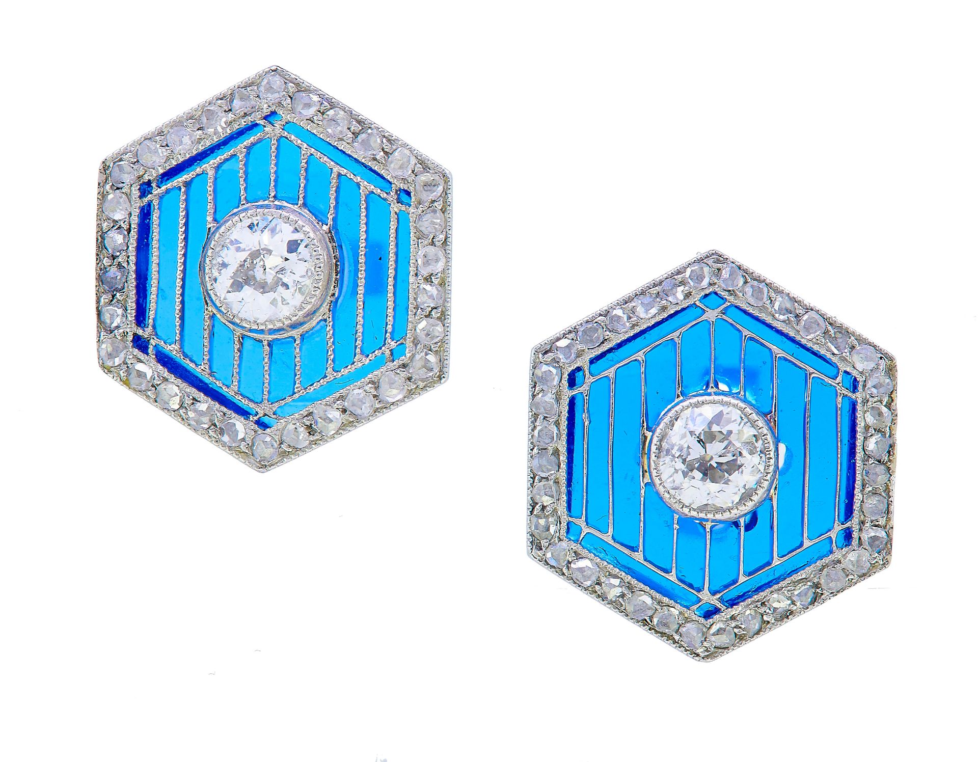 HEXAGONAL PAIR OF DIAMOND AND PLIQUE A JOUR EARRINGS