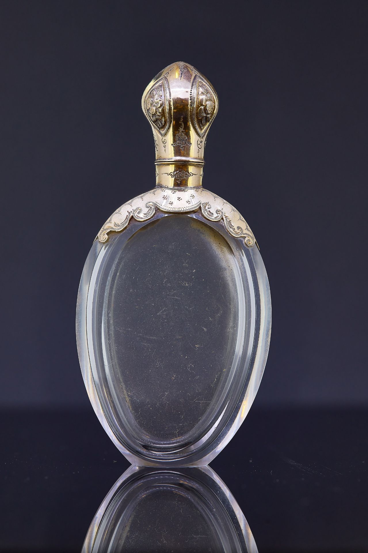 ANTIQUE VICTORIAN ROCK CRYSTAL PERFUME BOTTLE WITH GOLD MOUNTS