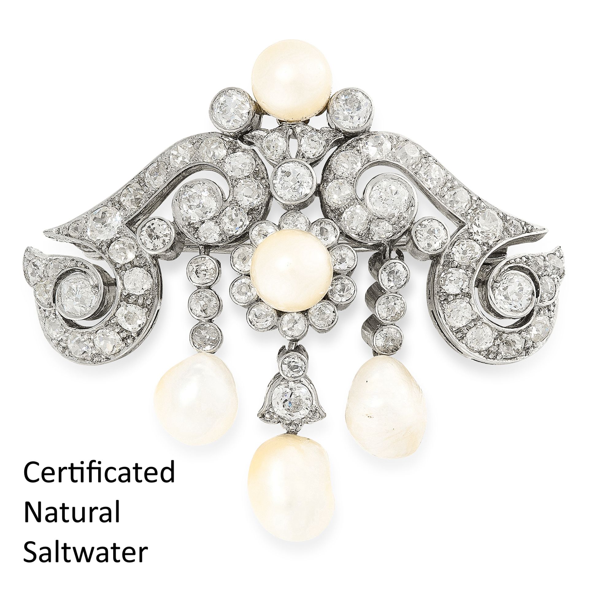 IMPORTANT ANTIQUE NATURAL SALTWATER PEARL AND DIAMOND DROP BROOCH