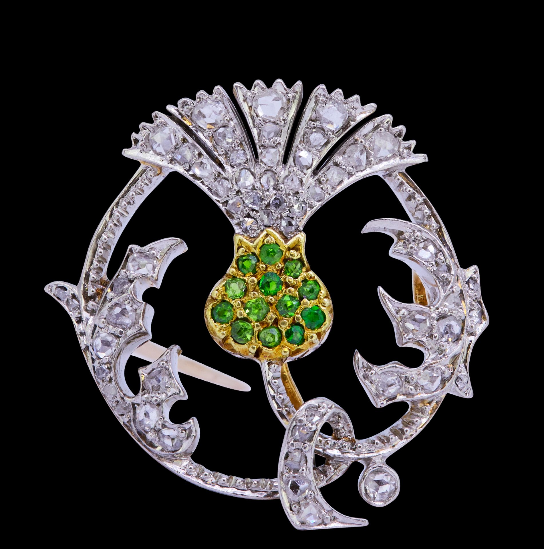 DEMANTOID GARNET AND DIAMOND THISTLE BROOCH