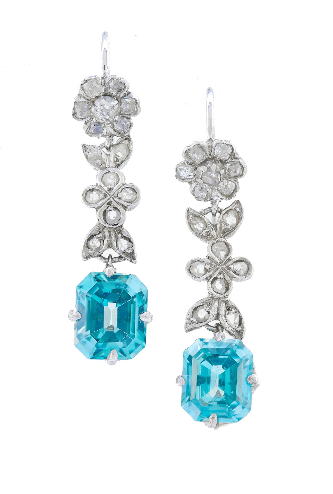 PAIR OF BLUE ZIRCON AND DIAMOND DROP EARRINGS