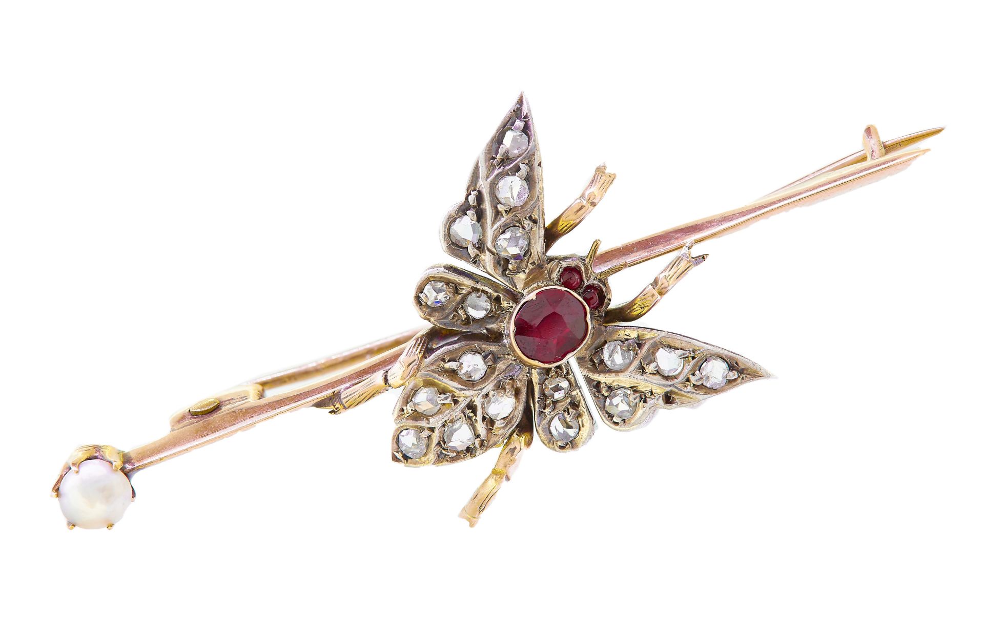 ANTIQUE VICTORIAN DIAMOND, RUBY AND PEARL FLY BROOCH