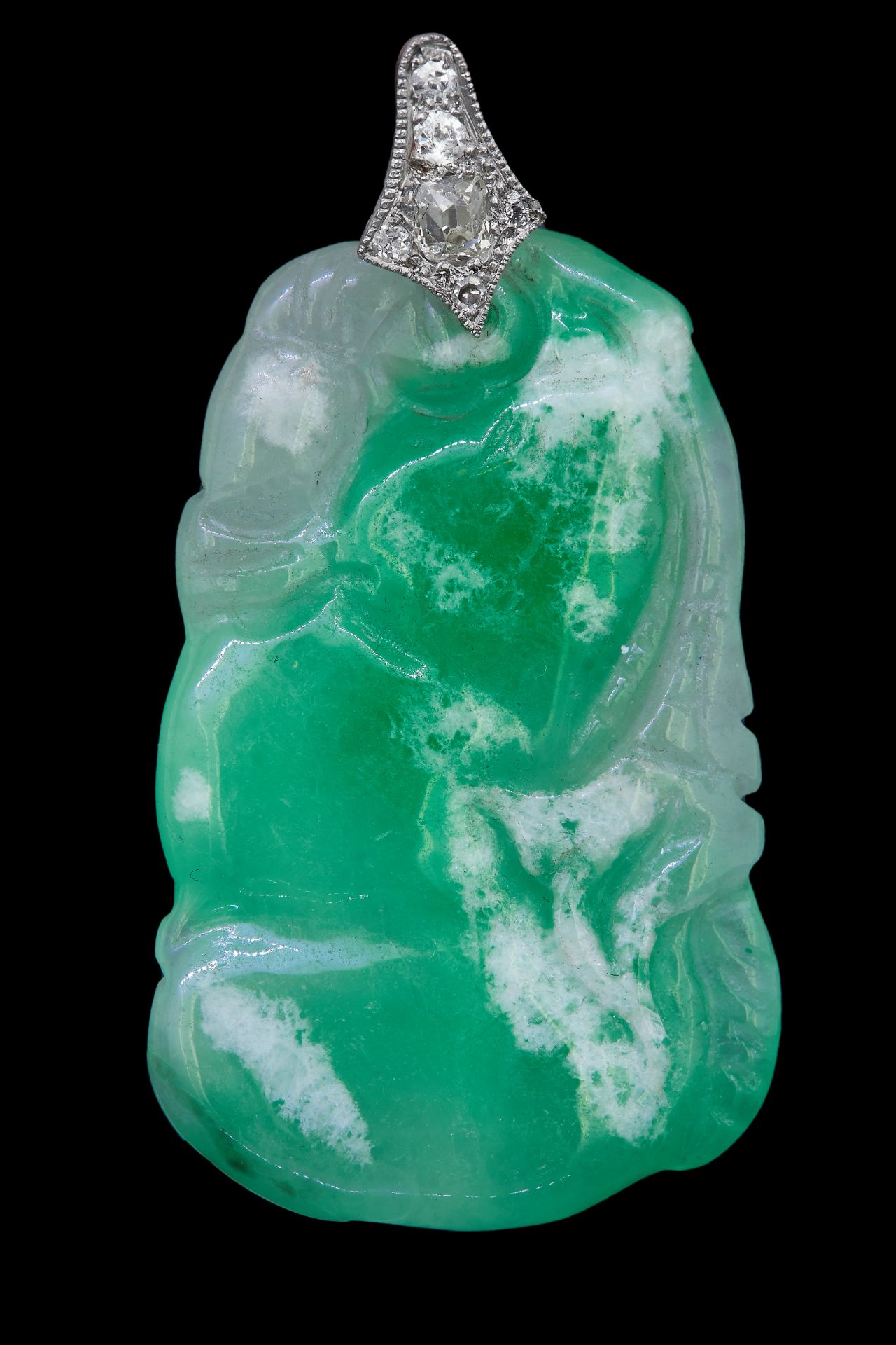 CARVED JADE PENDANT WITH DIAMOND BAIL