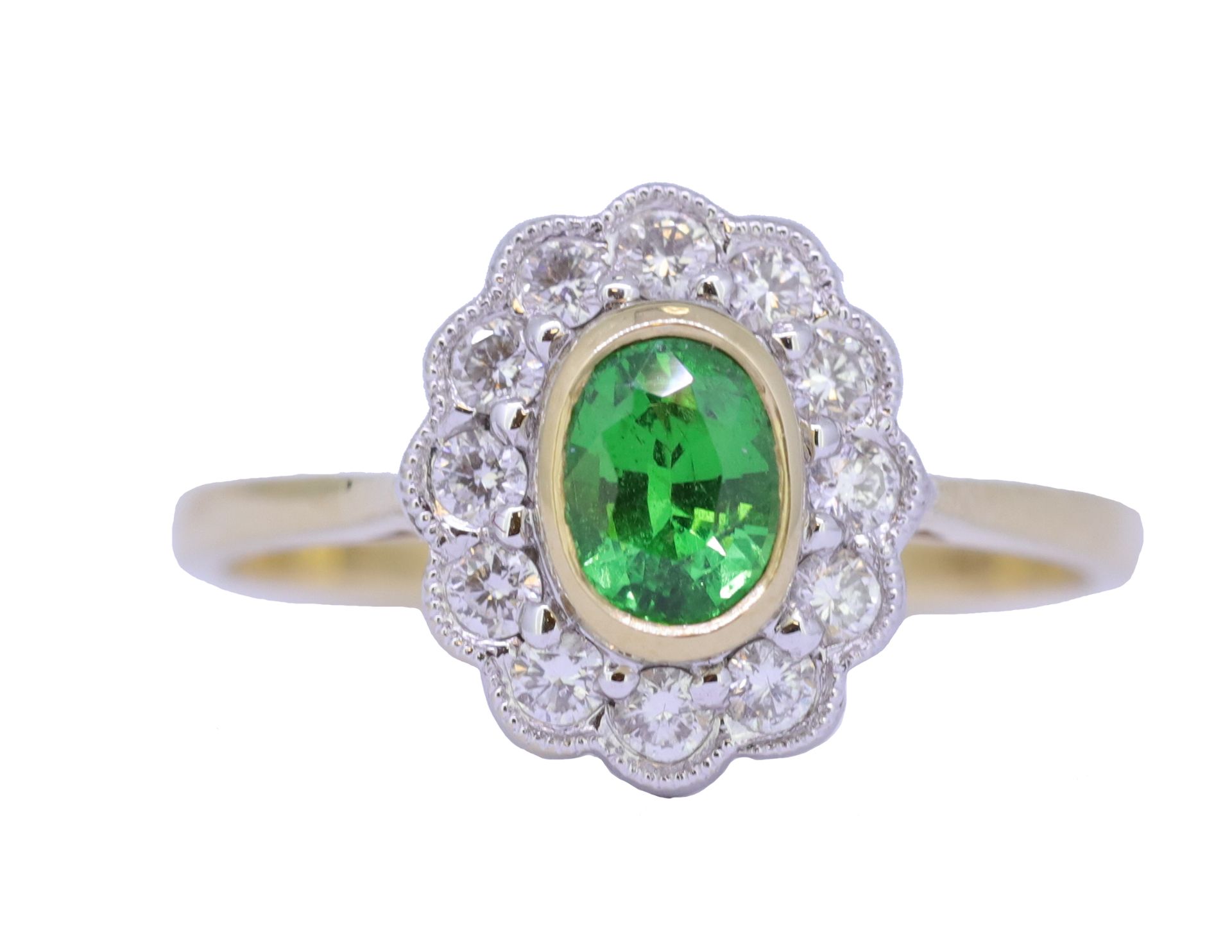 GREEN GARNET AND DIAMOND CLUSTER RING