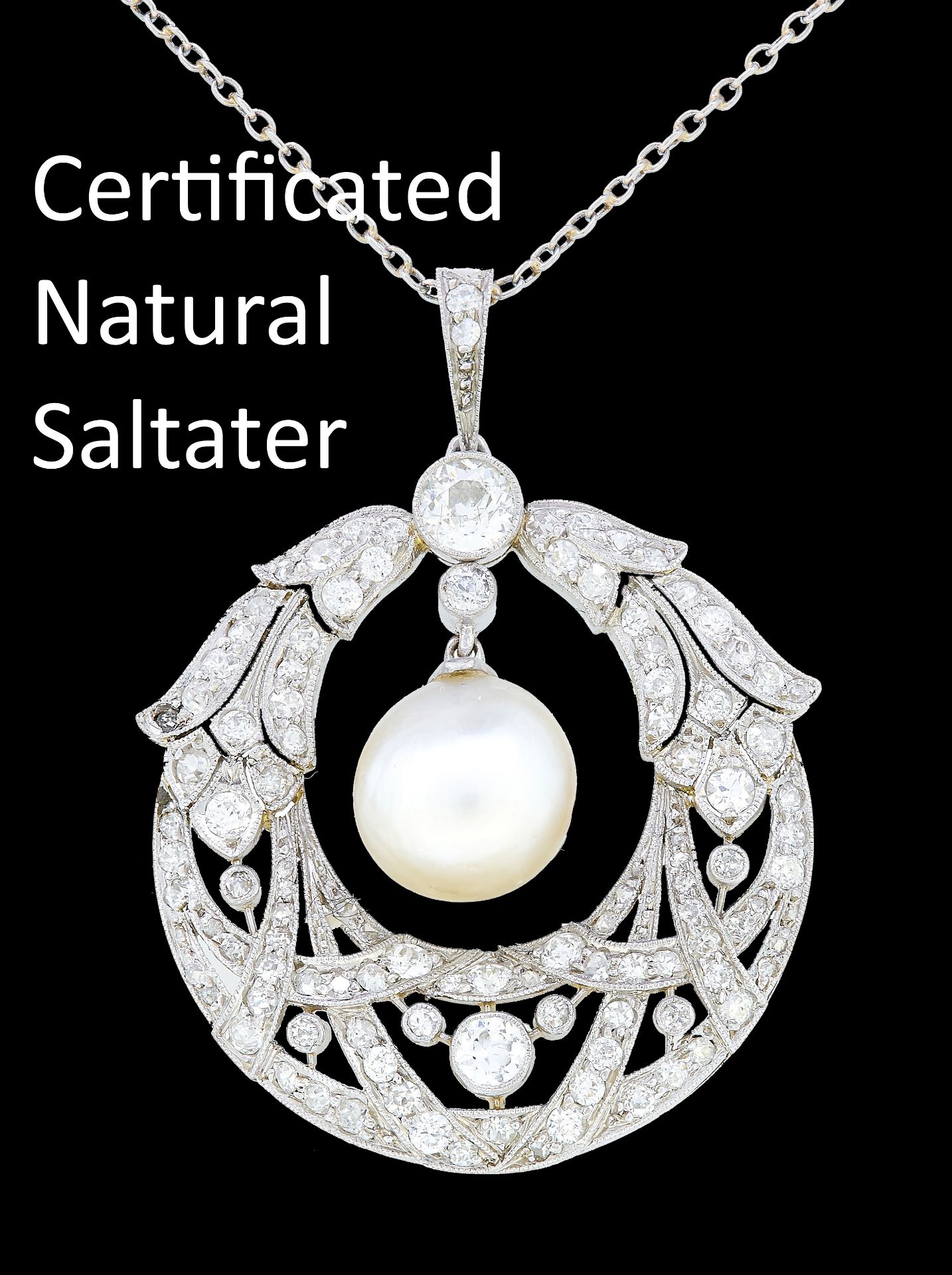 IMPORTANT GEM QUALITY NATURAL PEARL AND DIAMOND PENDANT