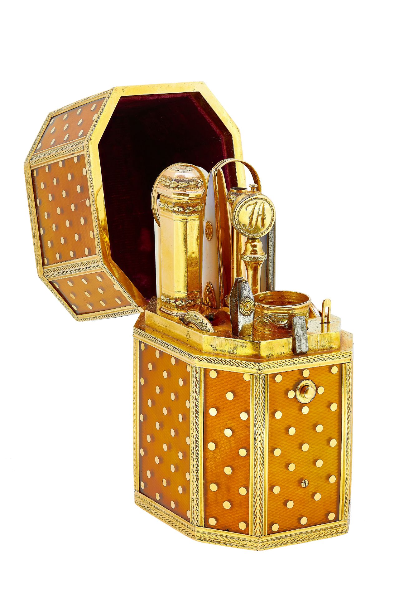 IMPORTANT ENAMEL AND GOLD TRAVEL SEWING ETUI.