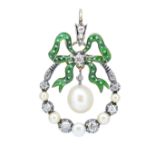 ANTIQUE VICTORIAN PEARL DIAMOND AND ENAMEL PENDANT