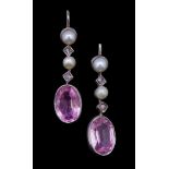 A PAIR OF PINK TOURMALINE AND PEARL EARRINGS