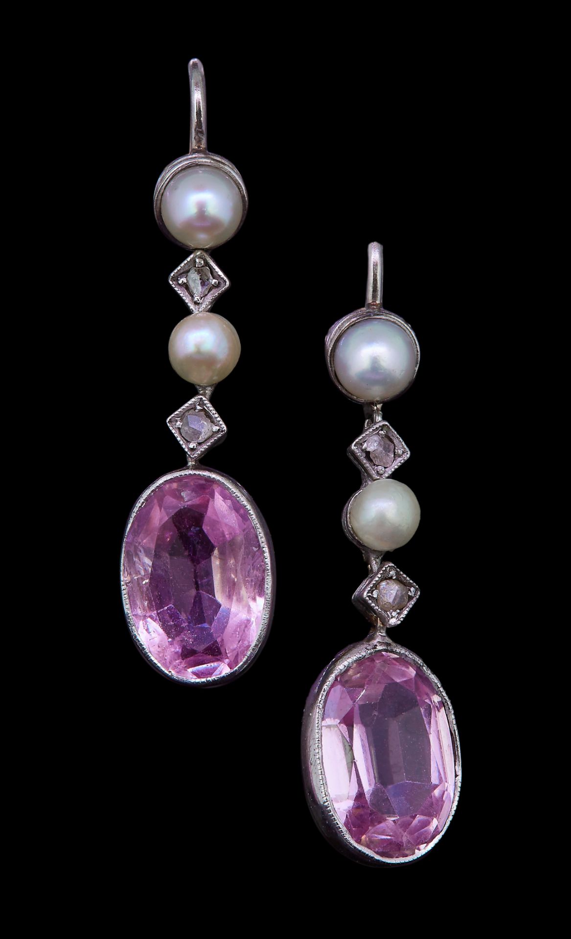 A PAIR OF PINK TOURMALINE AND PEARL EARRINGS