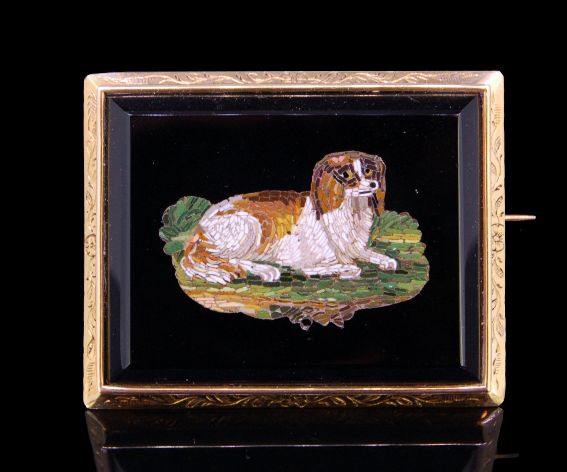 ANTIQUE MICRO MOSAIC DOG BROOCH