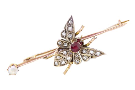 ANTIQUE VICTORIAN DIAMOND, RUBY AND PEARL FLY BROOCH