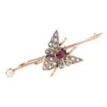ANTIQUE VICTORIAN DIAMOND, RUBY AND PEARL FLY BROOCH